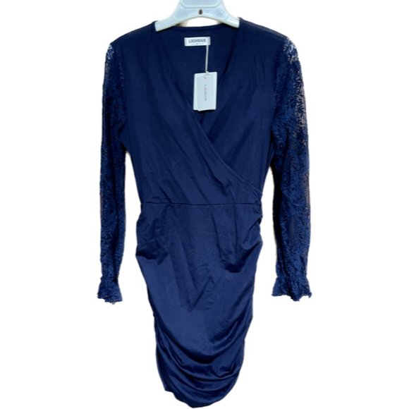 lashbair Women's Lace Long Sleeve Dress V-Neck Tight Folds Cocktail Dress MEDIUM - Picture 2 of 6
